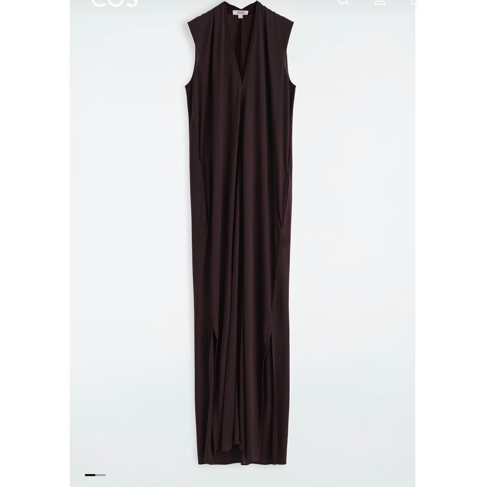 COS Sleeveless V-Neck Draped Maxi Dress Brown Jersey Knit Size Large - Picture 3 of 13
